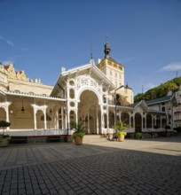 Swiss-style market colonnade and Gothic castle tower, spa, healing spring, health, mineral, mineral