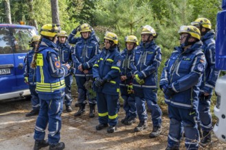 Civil defence exercise scenario, after a drone attack on a residential area, emergency services