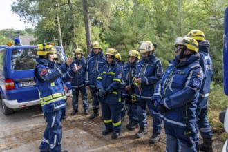 Civil defence exercise scenario, after a drone attack on a residential area, emergency services
