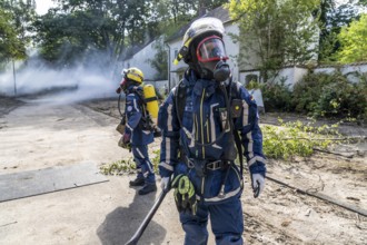Civil defence exercise scenario, after a drone attack on a residential area, emergency services