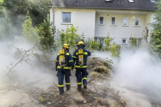 Civil defence exercise scenario, after a drone attack on a residential area, emergency services