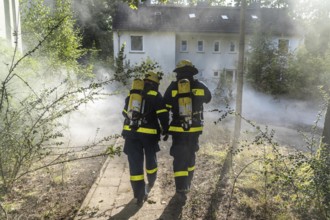 Civil defence exercise scenario, after a drone attack on a residential area, emergency services