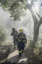 Civil defence exercise scenario, after a drone attack on a residential area, emergency services