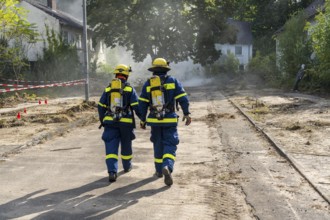 Civil defence exercise scenario, after a drone attack on a residential area, emergency services