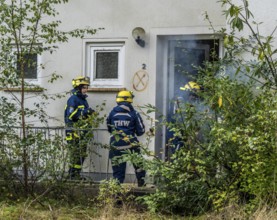 Civil defence exercise scenario, after a drone attack on a residential area, emergency services