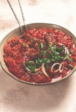 Chashushuli, a traditional Georgian dish, spicy, stewed meat with tomatoes and spices, homemade, no