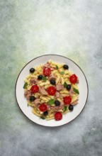Tuna salad, fusilli pasta, olives and cherry, olive oil, homemade