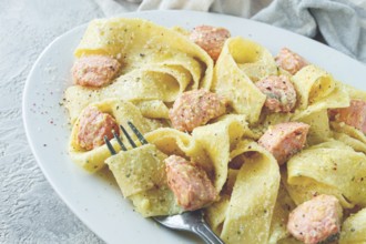 Papardelle pasta, in creamy sauce with salmon, natural light, lifestyle, homemade, on a gray