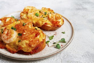 Sandwiches with shrimp and cheese, baked in the oven, with microgreens, breakfast, homemade, no