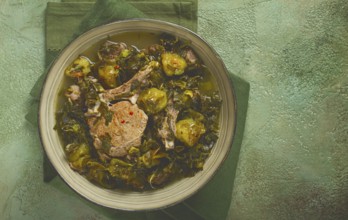Chakapuli, Georgian dish, stewed meat with herbs and tkemali, in white wine, homemade, no people