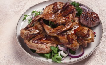 Fried, quail meat, tobacco (tapaka), with spices, homemade, no people