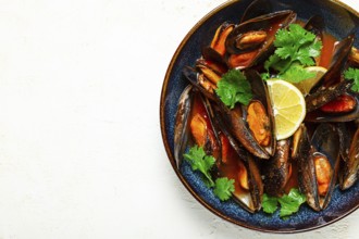 Mussels in tomato sauce, homemade, no people
