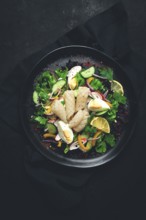Salad of squid and vegetables, with egg, homemade, no people
