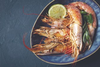 Langoustines, Australian, freshly frozen on ice, top view, lime and greens