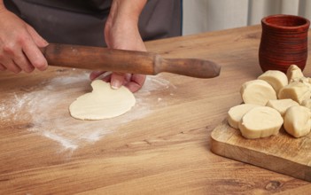 Gyoza dough preparation, in a kitchen setting, gyoza Japanese dumplings, top view, selective focus
