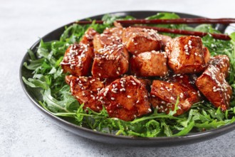 Fried salmon slices, teriyaki with sesame seeds, with arugula salad, top view