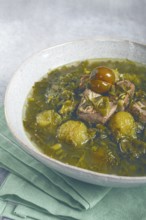 Chakapuli, Georgian dish, stewed meat with herbs and tkemali, in white wine, homemade, no people