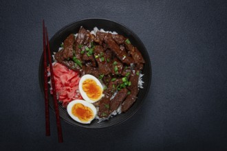 Udon Japanese beef with rice, pickled ginger, boiled egg slice, garnished with green onions, in a