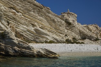 Rock formations over a calm turquoise sea with a clear sky above, White Cliffs, White Beach, Makri