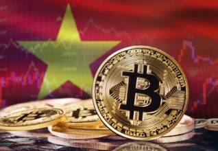 Bitcoin with Vietnam flag in the background. Investors in cryptocurrency and Blockchain Technology