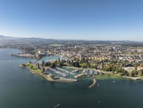 Harbour area, ferry port, yacht harbour, marina of the city of Romanshorn with Seepark, aerial