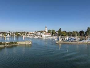 Harbour area, entrance from the ferry port, marina of Romanshorn with Seepark, aerial view,