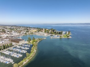 Harbour area, ferry port, yacht harbour, marina of the city of Romanshorn with Seepark, aerial