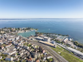 The town of Romanshorn with the main railway station, harbour area, ferry port, marina, aerial