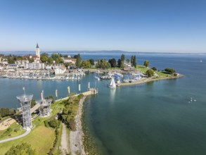 Harbour area, ferry port, yacht harbour, marina of Romanshorn with adventure playground on the