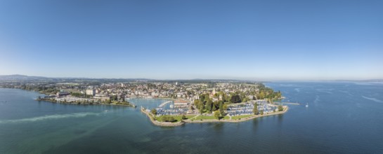 Harbour area, ferry port, yacht harbour, marina of the city of Romanshorn with Seepark, aerial