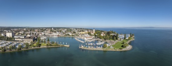 Harbour area, ferry port, yacht harbour, marina of Romanshorn with Seepark, aerial view, panorama,