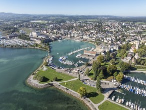 Harbour area, ferry port, yacht harbour, marina of the city of Romanshorn with Seepark, aerial