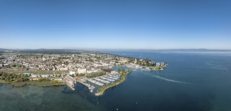 Harbour area, ferry port, yacht harbour, marina of the city of Romanshorn with Seepark, aerial