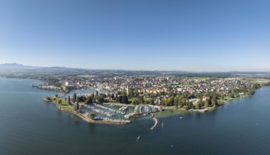 Harbour area, ferry port, yacht harbour, marina of the town of Romanshorn with Seepark, far left