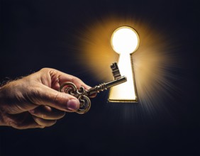 A hand holds an antique key, leading to a bright light in a keyhole shape, symbolizing opportunity,