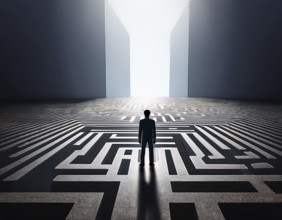A lone individual stands at the edge of a large circular maze, contemplating choices and challenges
