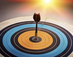 A precise dart accurately hitting the bullseye of a circular target against a vivid blue backdrop,