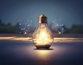 Light bulb with industry network, mind, analysis solution . Creative concept with a light bulb, AI