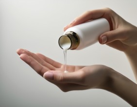 A close-up view of hands pouring a creamy lotion from a bottle into a palm. The scene emphasizes