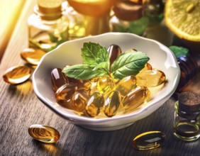 Vitamin capsules placed in a white ceramic bowl, adorned with green medicinal herbs, symbolizing