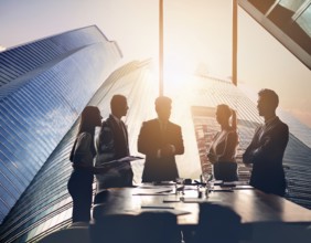 Double exposure image of business people with a modern city. Concept of teamwork, AI generated