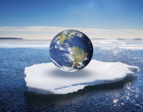 A symbolic depiction of Earth submerged in ocean water amidst melting ice, emphasizing climate