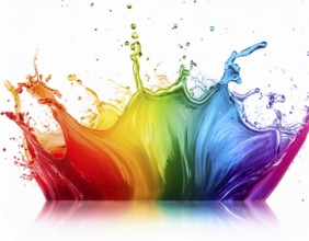 A vivid and dynamic display of multicolored paint splashing in motion against a pristine white