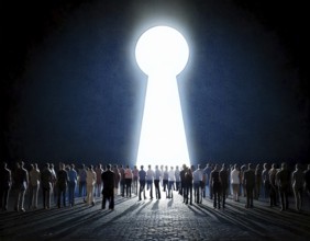 A vast group of people walking towards a glowing light keyhole in a symbolic display of hope,
