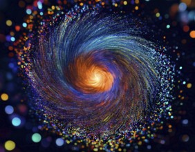 Abstract representation of a colorful swirling galaxy formed by vibrantly arranged particles and