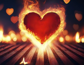 A bright heart-shaped flame glowing amidst a dark background with orange bokeh lights, symbolizing