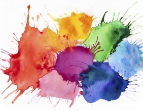Bright watercolor art showcasing vibrant hues blending with artistic paint splashes, perfect for