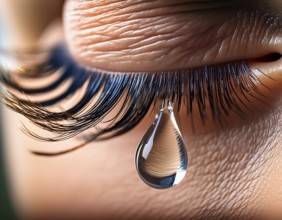 Detailed macro image showcasing a tear drop delicately poised on long eyelashes, conveying emotions