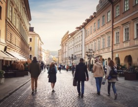 A vibrant urban street captures a diverse crowd enjoying a stroll under the warm sunlight, with
