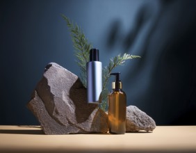 Skincare bottle showcased with dried flowers and a natural prop, creating a minimalist aesthetic.